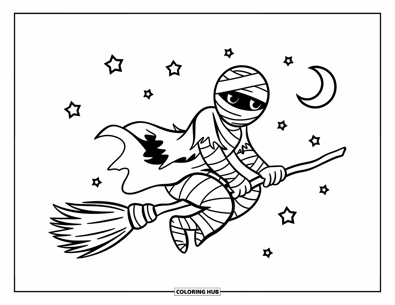Mummy Coloring Page for Kids: A mummy rides a broomstick past a crescent moon and shining stars