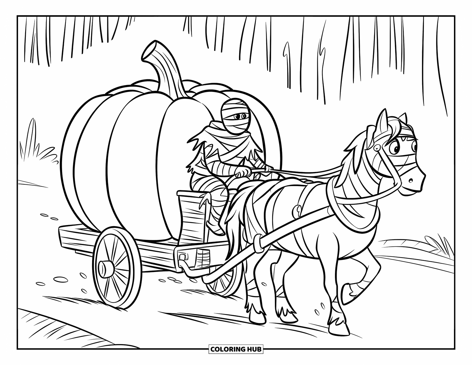 Mummy Coloring Page for Kids: A mummy rides a large pumpkin wagon pulled by a horse through a foggy forest