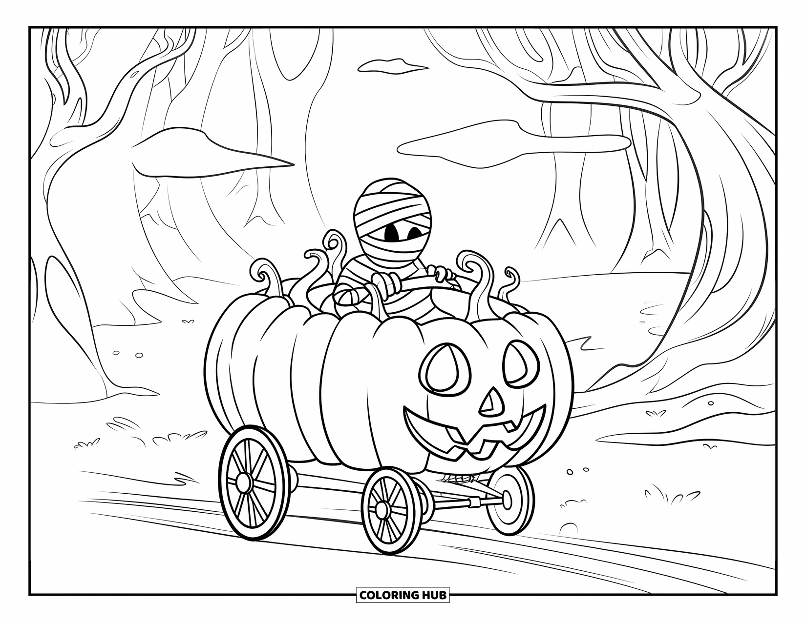 Mummy Coloring Page for Kids: A mummy rides a wagon made of stacked pumpkins through a forest of twisted trees