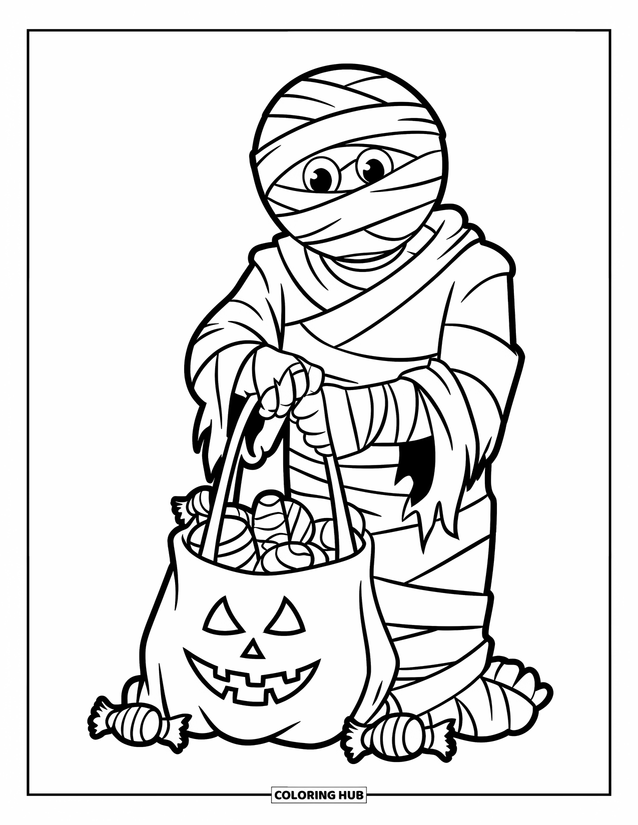 Mummy Coloring Page for Kids: A mummy smiles while its trick-or-treat bag spills candy on the ground