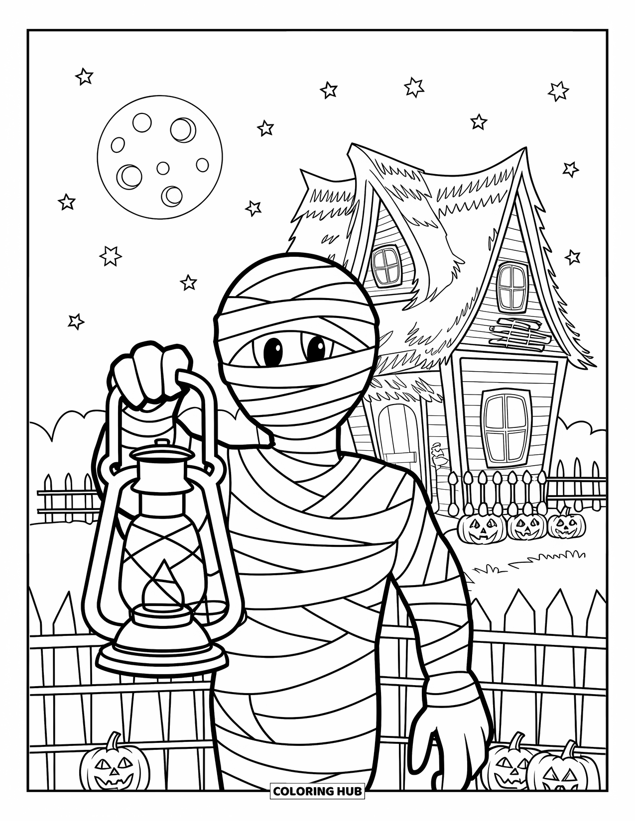 Mummy Coloring Page for Kids: A mummy stands before a haunted house under the full moon with pumpkins nearby