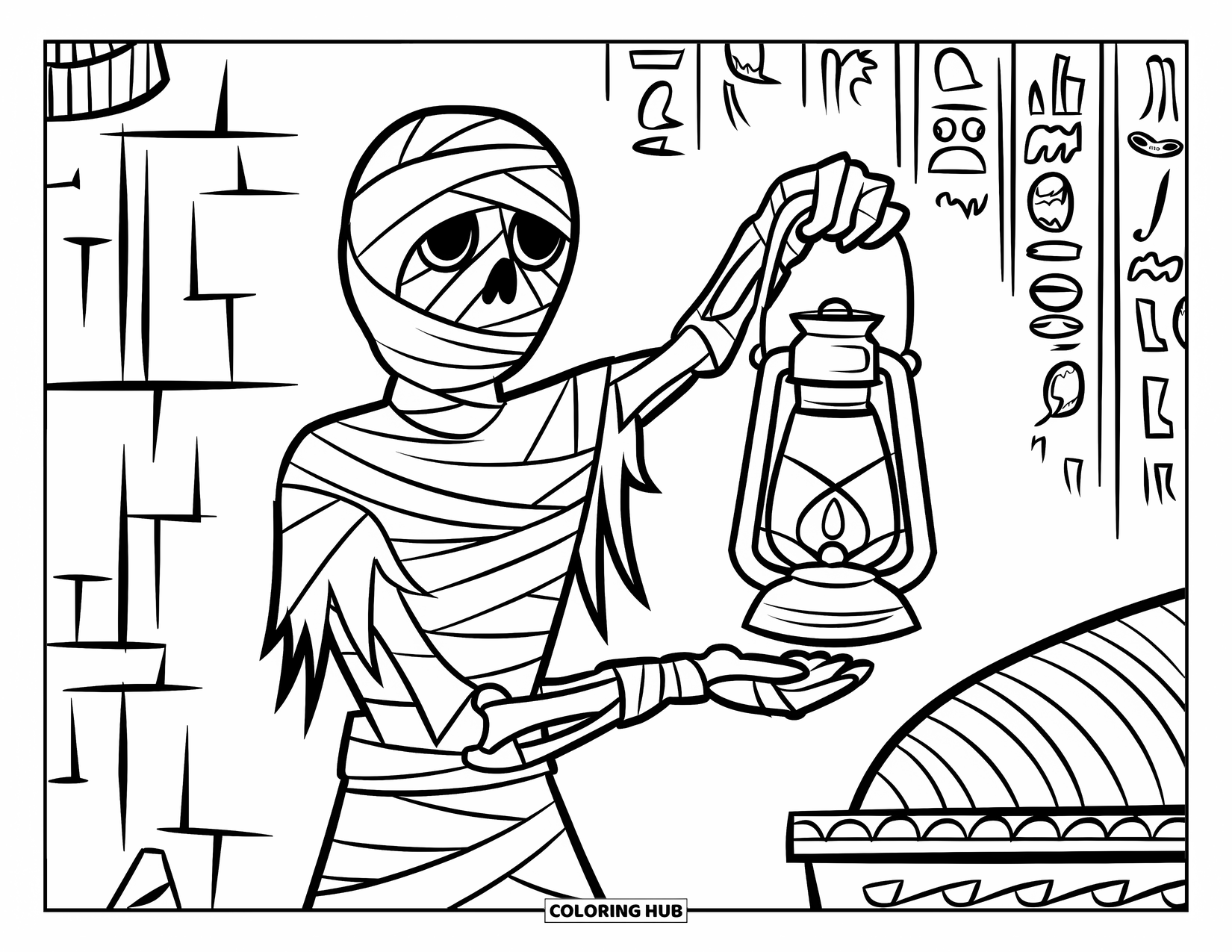 Mummy Coloring Page for Kids: A mummy stands in a dark tomb, holding a lantern near ancient hieroglyphics