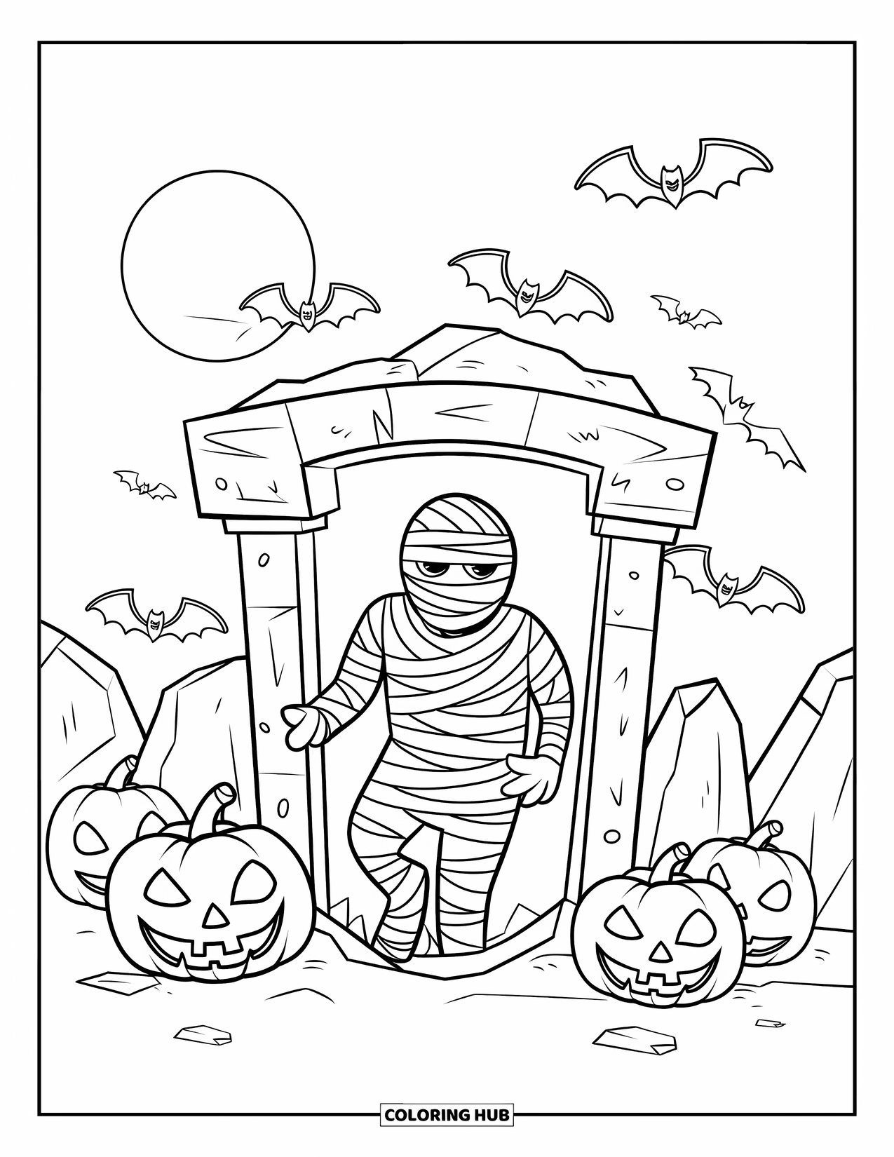 Mummy Coloring Page for Kids: A mummy steps out of a tomb under the moonlight with bats and pumpkins nearby