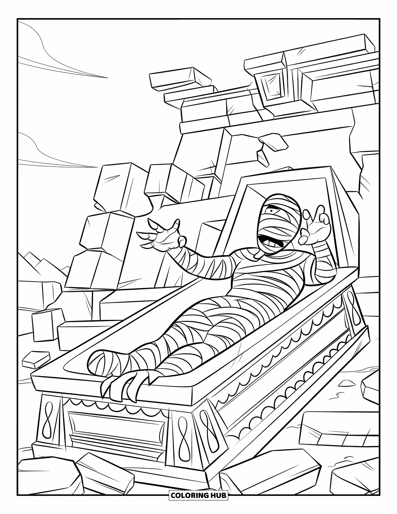 Mummy Coloring Page for Kids: A mummy stretches out from a stone sarcophagus in a ruined desert temple