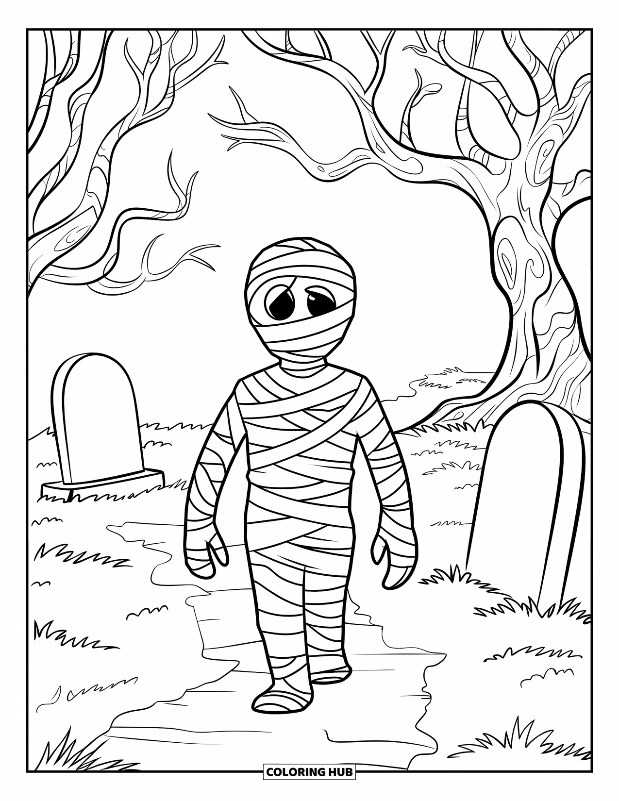 Mummy Coloring Page for Kids: A mummy walks past crooked tombstones under foggy skies and twisted tree branches