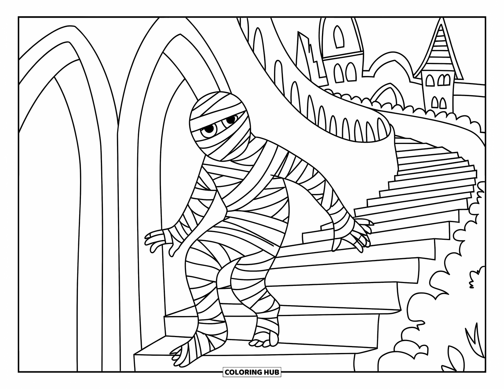 Mummy Coloring Page for Kids: A mummy walks up the stone stairs of a haunted castle with gothic towers