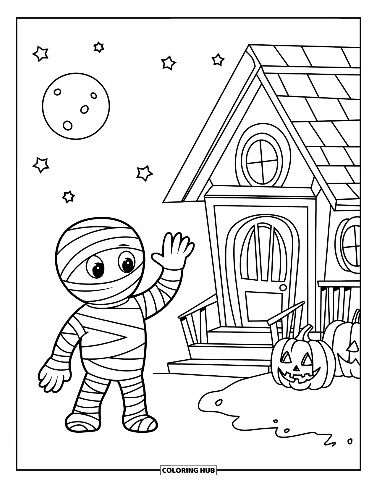 Mummy Coloring Page for Kids: A mummy waves beside a spooky house with jack-o'-lanterns under the night sky