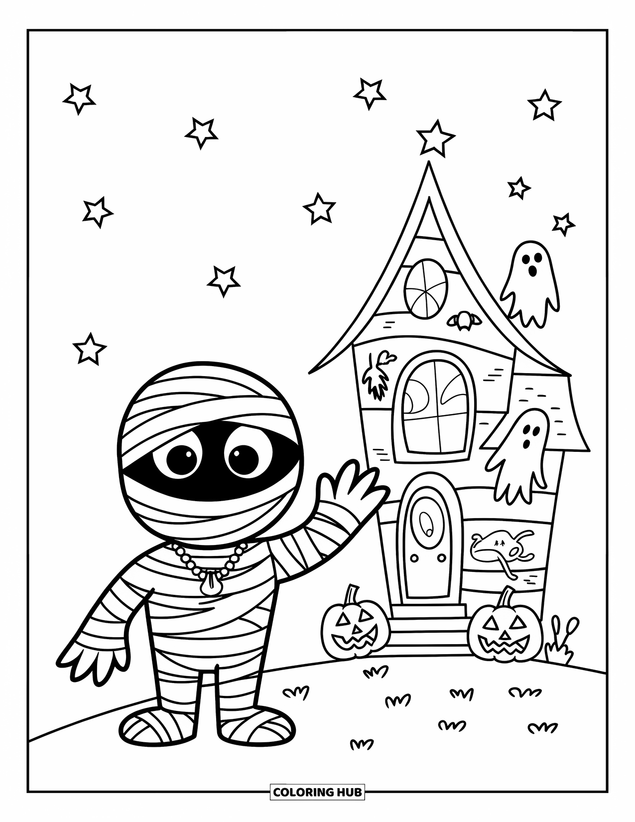 Mummy Coloring Page for Kids: A small mummy waves beside a haunted house decorated with pumpkins and stars