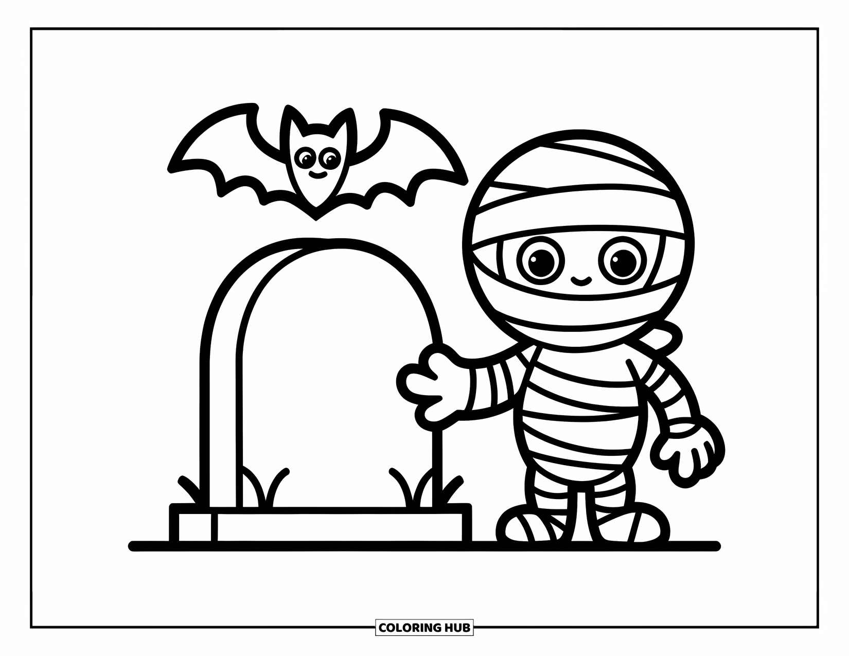 Mummy Coloring Page for Kids: A smiling mummy stands next to a tombstone with a bat flying above