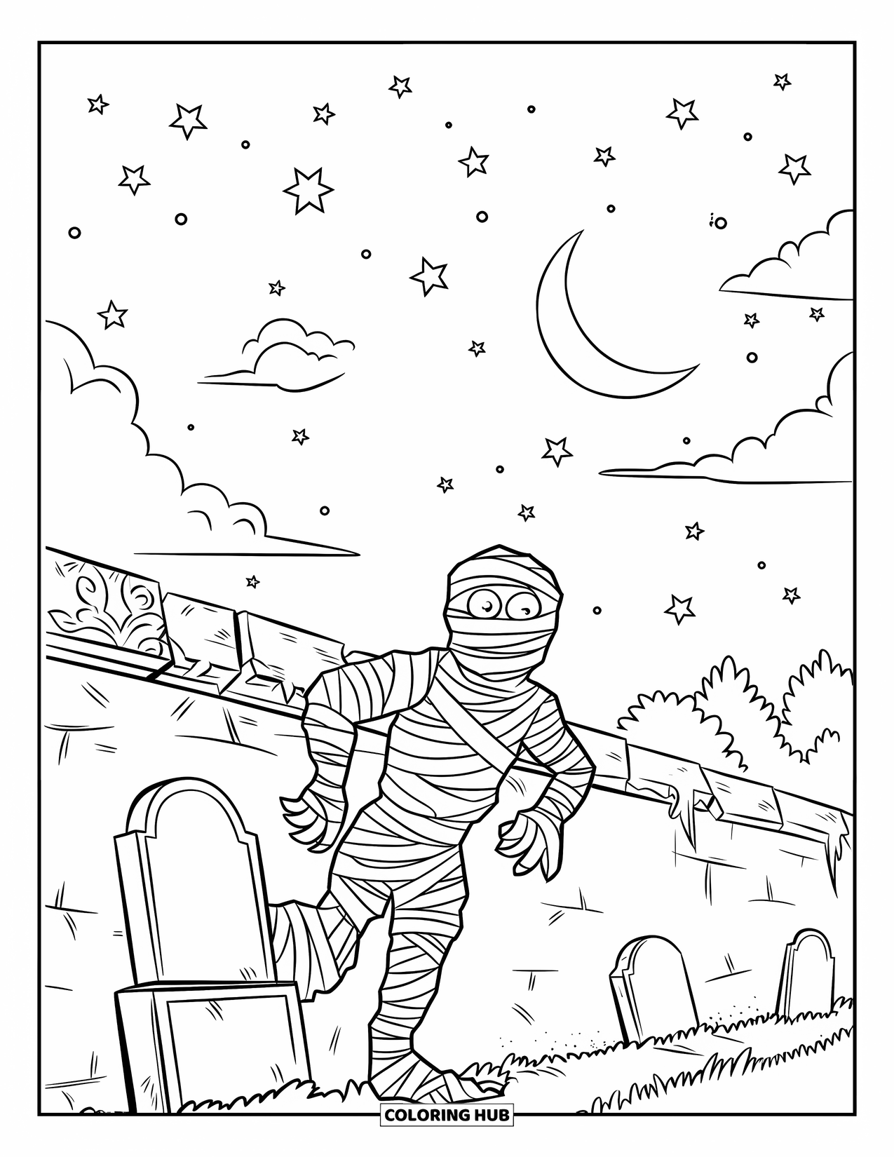 Mummy Coloring Page for Kids: A surprised mummy tiptoes past tombstones under a starry sky and twisted trees