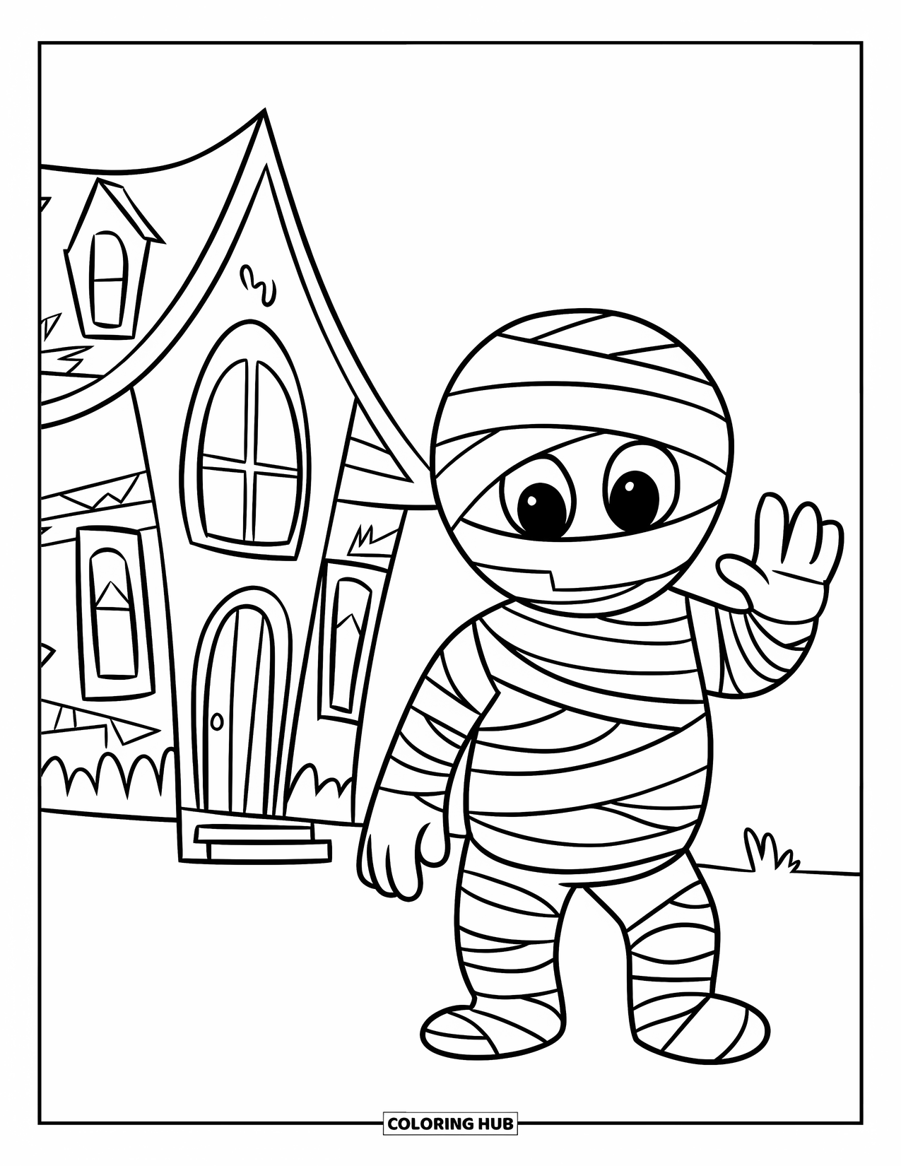 Mummy Coloring Page for Kids: A waving mummy stands near a simple house with windows and a tall roof