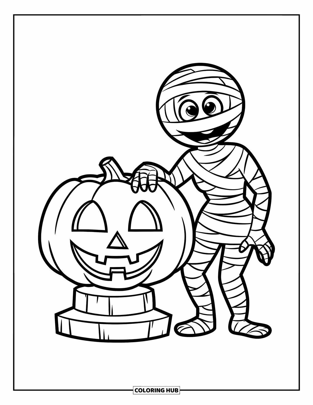 Mummy Coloring Page for Kids: A wide-eyed mummy stands proudly next to a jack-o'-lantern on a pedestal
