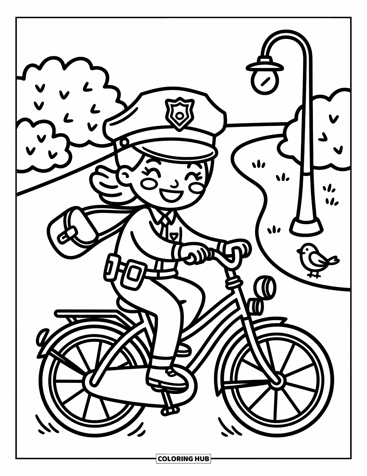 Police Officer Coloring Page for Adults: Cheerful officer riding a police bike with bushes and a streetlamp