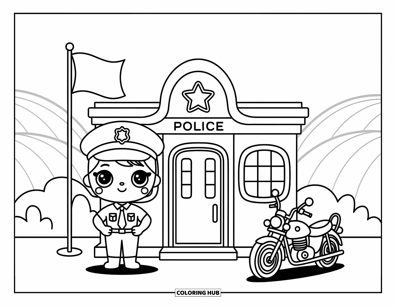 Police Officer Coloring Page for Adults: Kawaii officer standing proudly in front of a tiny police station