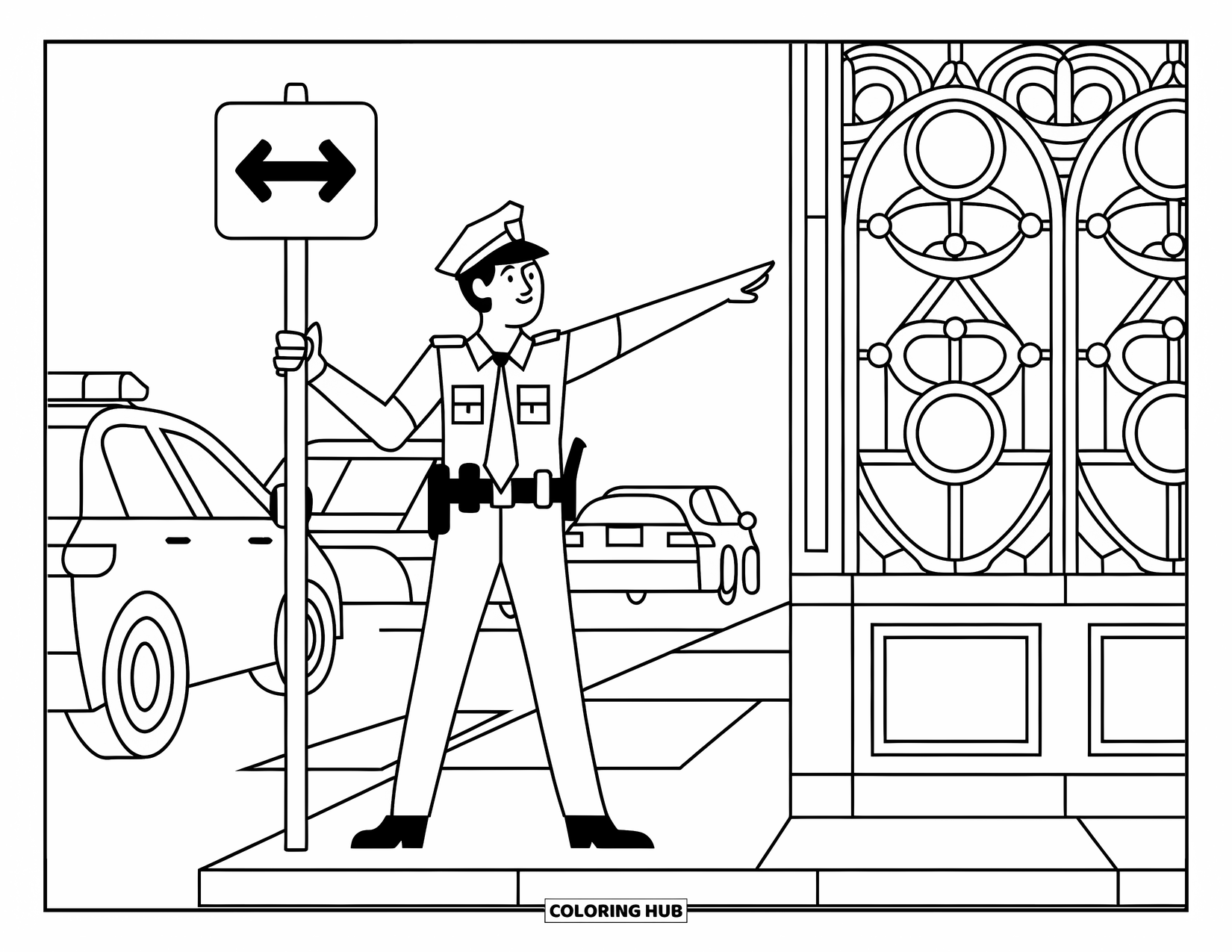 Police Officer Coloring Page for Adults: Officer holding an arrow sign near cars and stained glass windows
