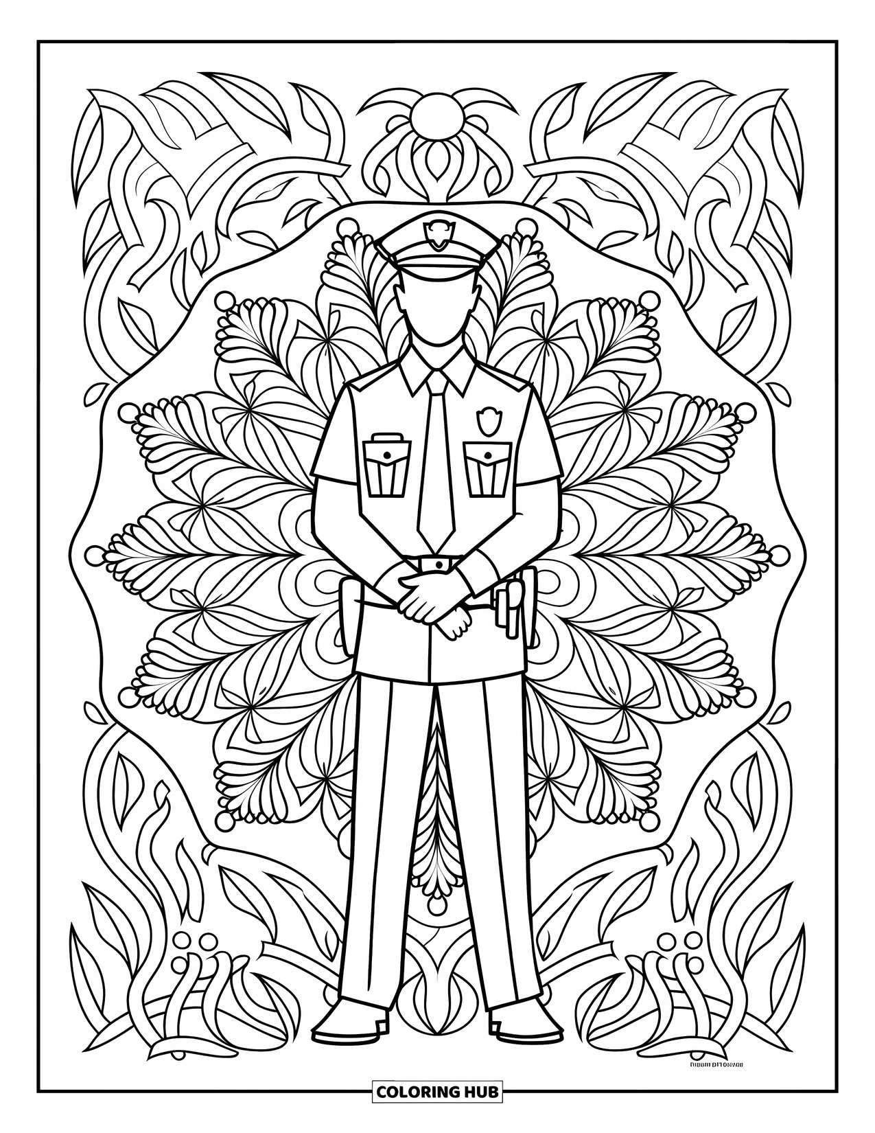 Police Officer Coloring Page for Adults: Officer in uniform surrounded by leaves, flowers, and vines