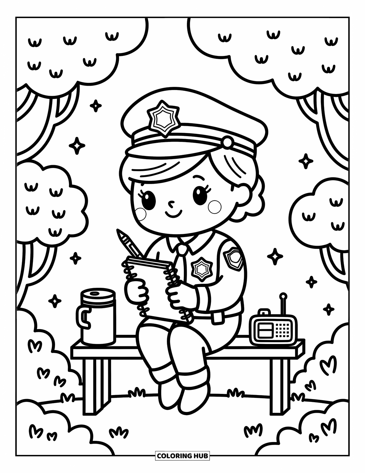 Police Officer Coloring Page for Adults: Officer on a bench with a notebook, star badge, and fluffy trees
