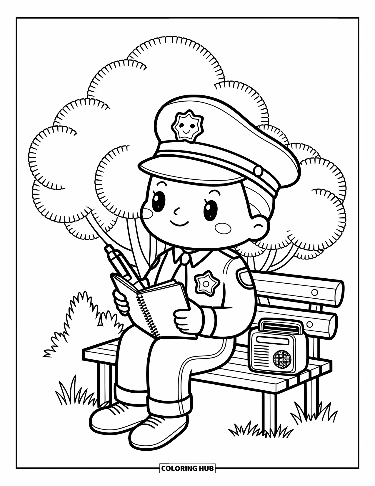 Police Officer Coloring Page for Adults: Officer sitting on a bench holding a big notebook and pen