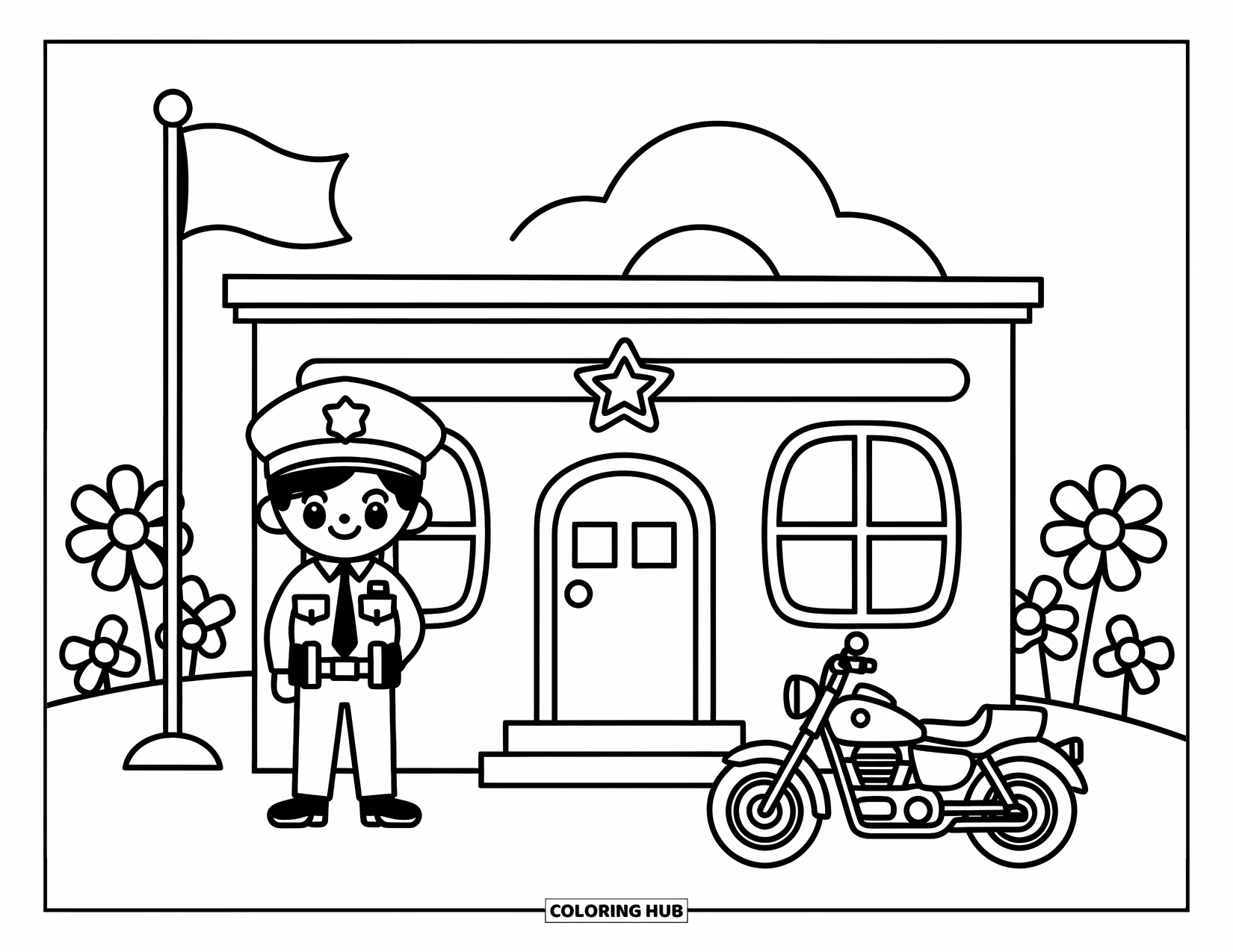 Police Officer Coloring Page for Adults: Officer standing by a small police station with daisies and sunshine