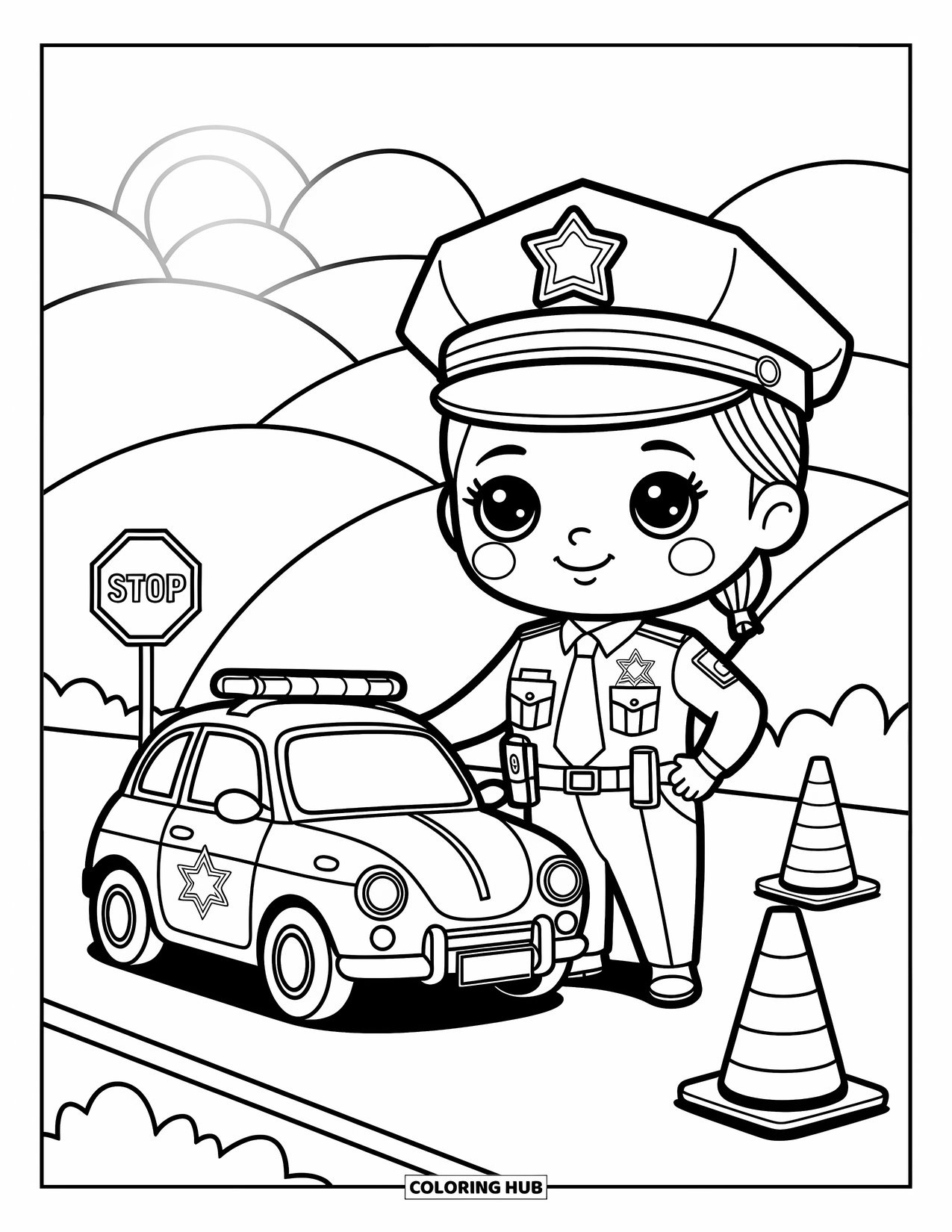 Police Officer Coloring Page for Adults: Officer standing proudly beside a cute patrol car with big wheels