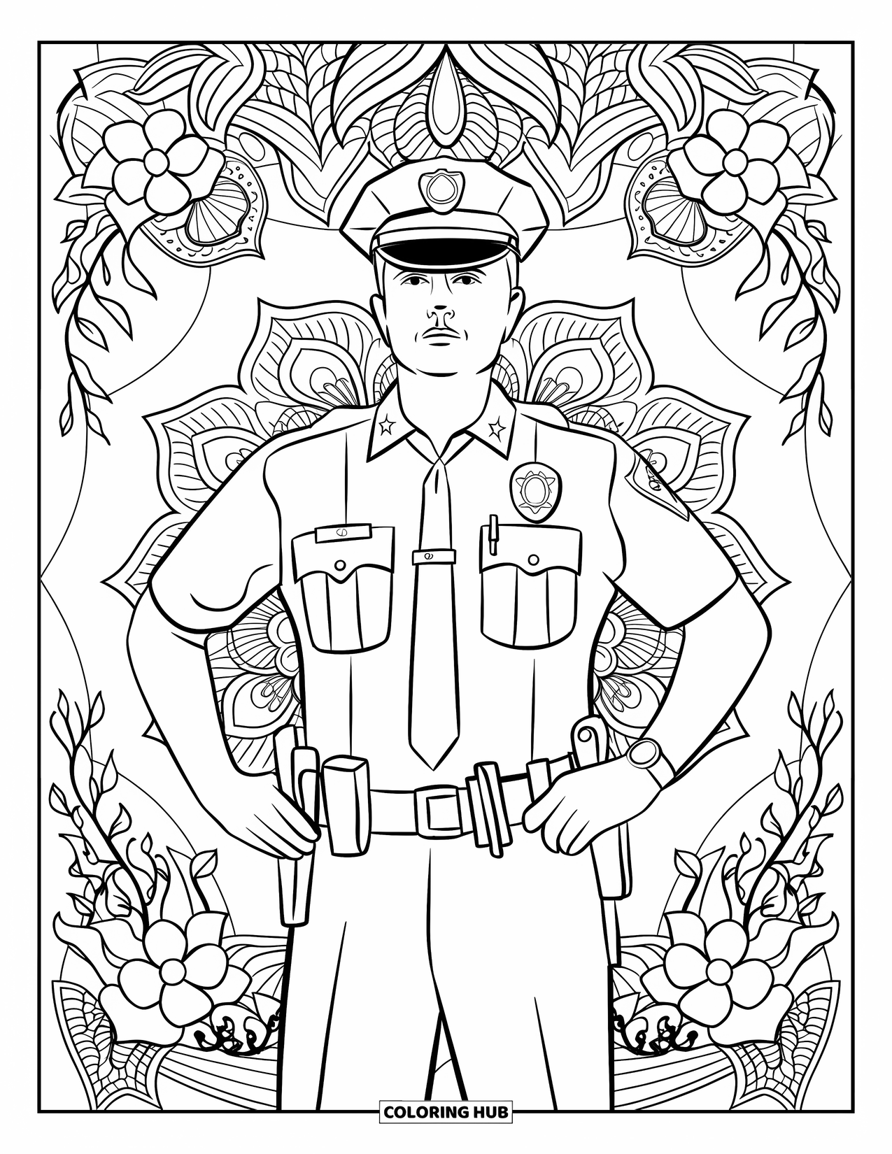 Police Officer Coloring Page for Adults: Officer standing tall in uniform within botanical mandala designs