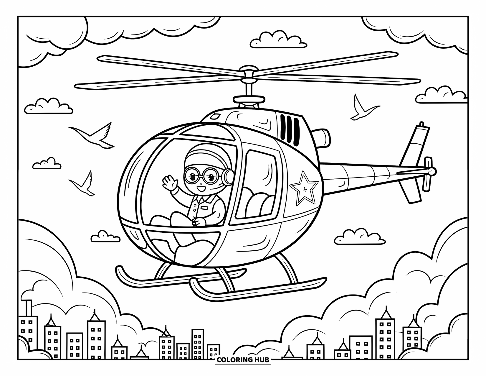 Police Officer Coloring Page for Adults: Officer waving from a helicopter with clouds, birds, and city below