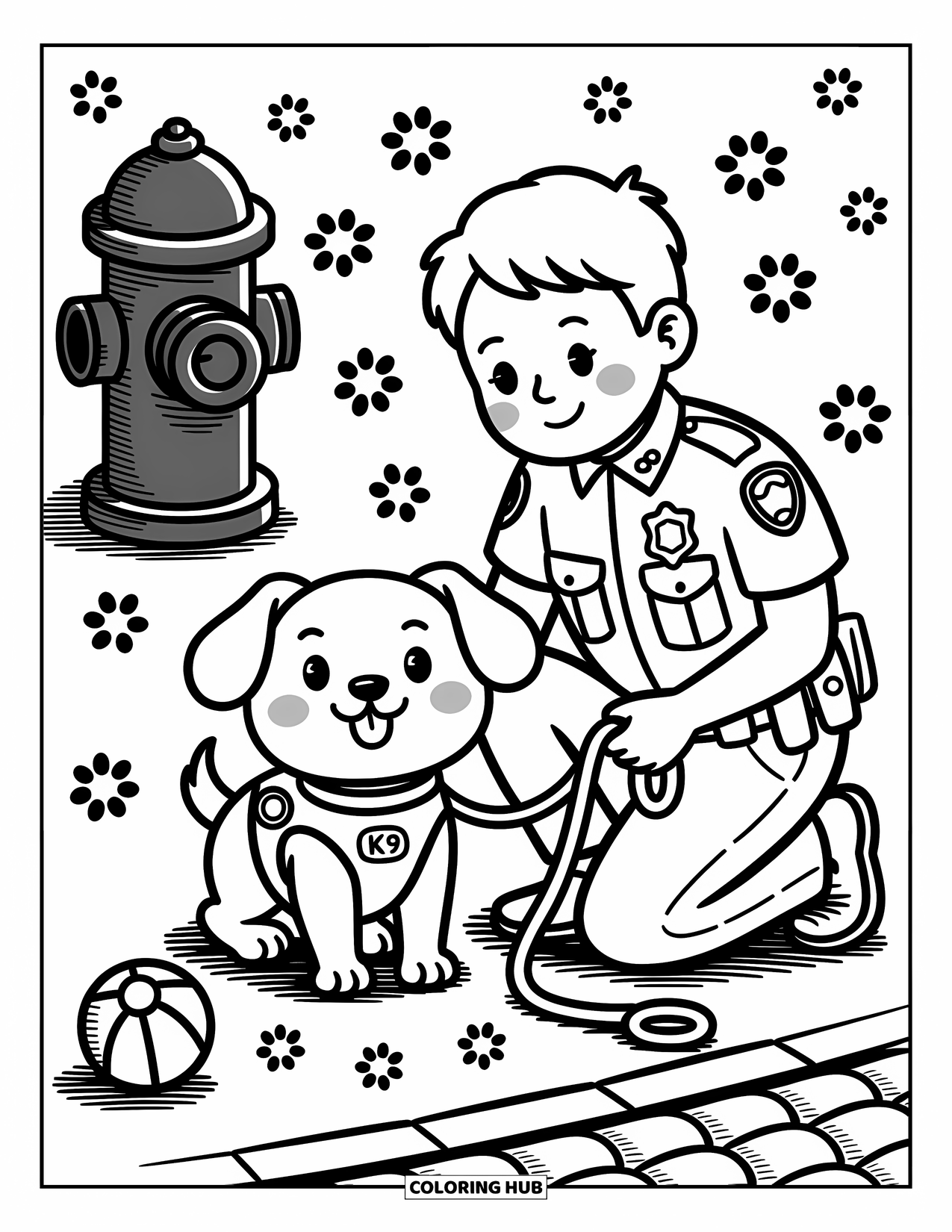 Police Officer Coloring Page for Adults: Officer with smiling police dog, leash, hydrant, and paw prints