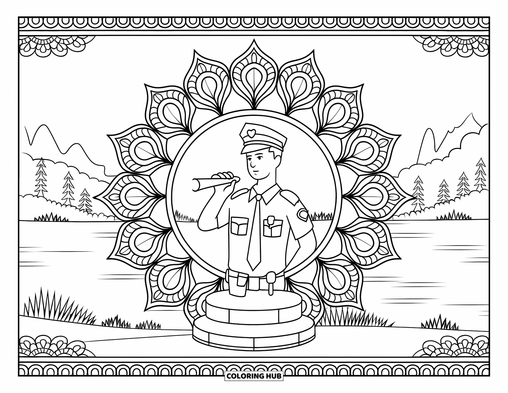 Police Officer Coloring Page for Adults: Officer with whistle near water and mountains in a mandala scene