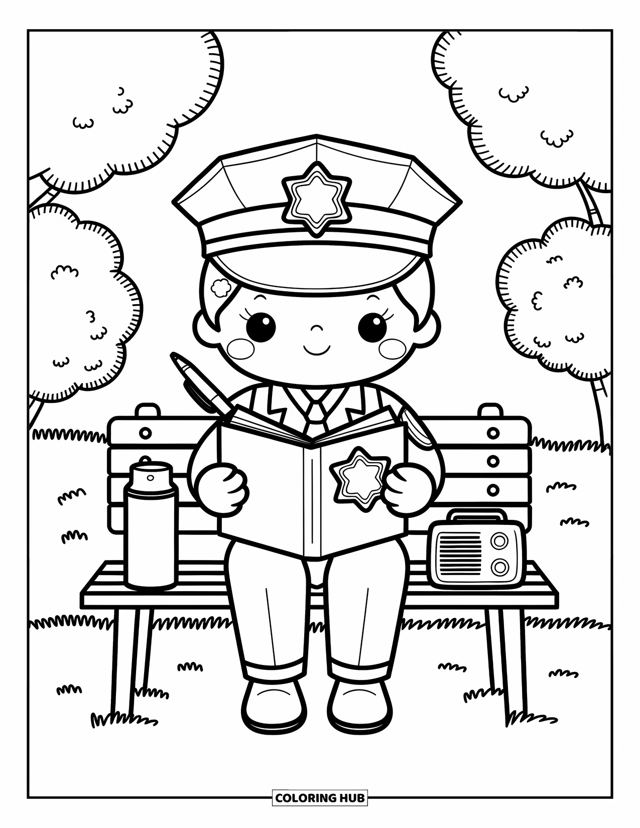 Police Officer Coloring Page for Adults: Officer writing in a notebook while sitting on a small bench