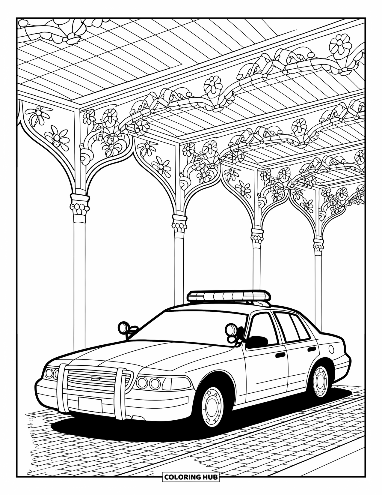 Police Officer Coloring Page for Adults: Patrol car beneath stained glass arches decorated with flowers and leaves