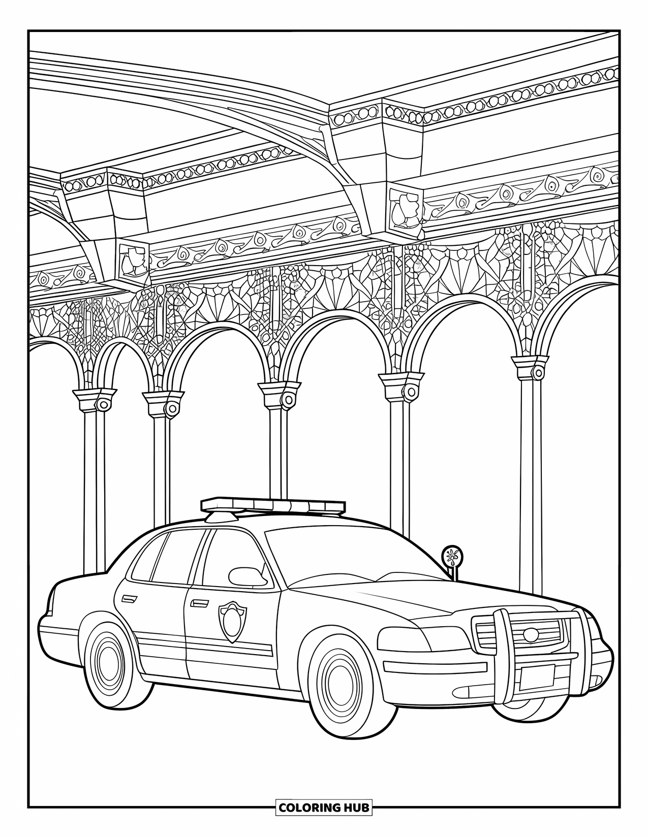 Police Officer Coloring Page for Adults: Patrol car parked under ornate stained glass arches