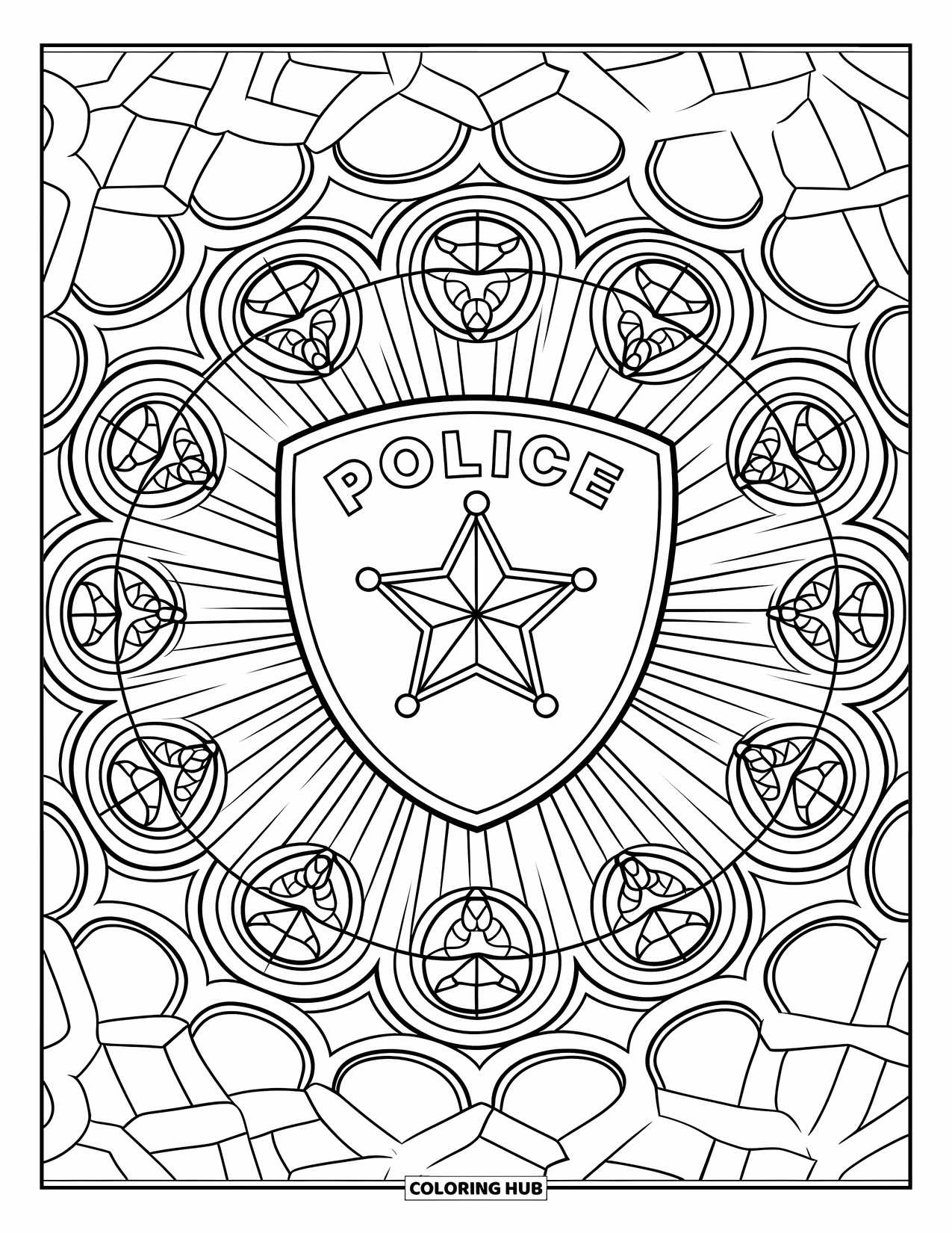 Police Officer Coloring Page for Adults: Police badge with star and stained glass circles around it