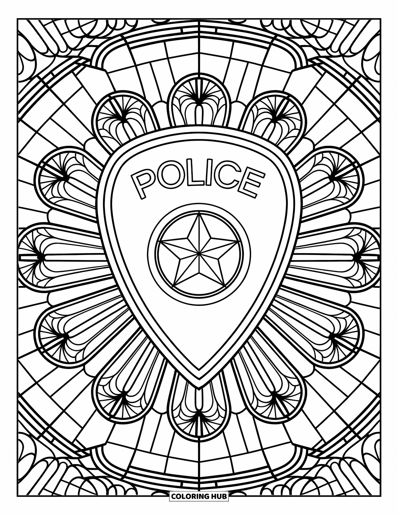 Police Officer Coloring Page for Adults: Police badge with star and text surrounded by stained glass patterns