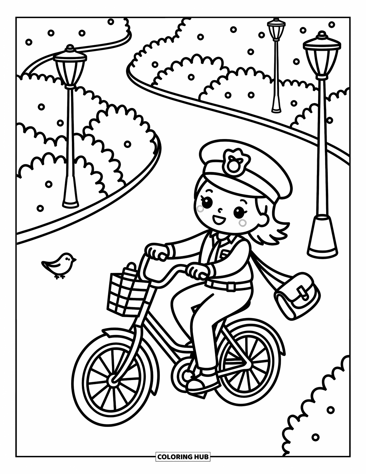Police Officer Coloring Page for Adults: Police officer pedaling a bike with a siren and satchel bag