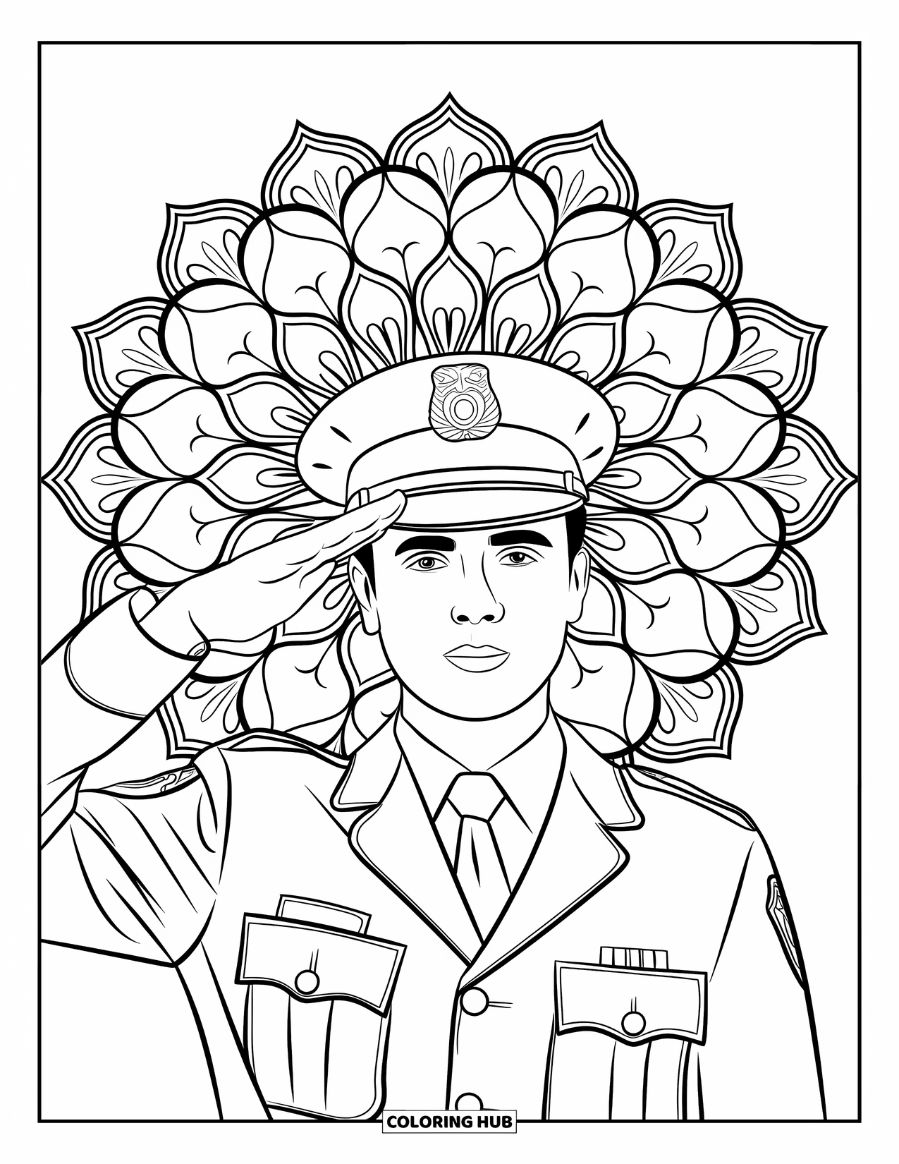 Police Officer Coloring Page for Adults: Police officer saluting with a floral mandala in the background