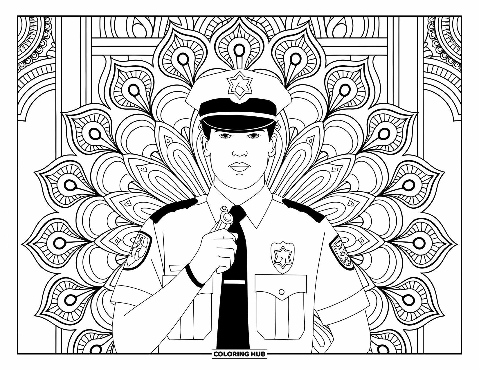 Police Officer Coloring Page for Adults: Police officer with a whistle surrounded by floral mandala designs