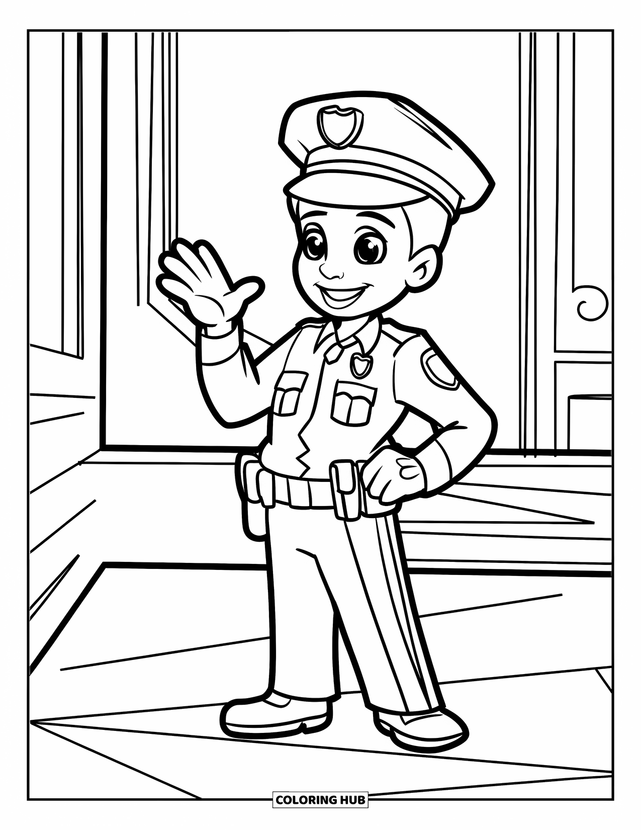 Police Officer Coloring Page for Kids: Friendly officer waving with bold outlines and simple sections