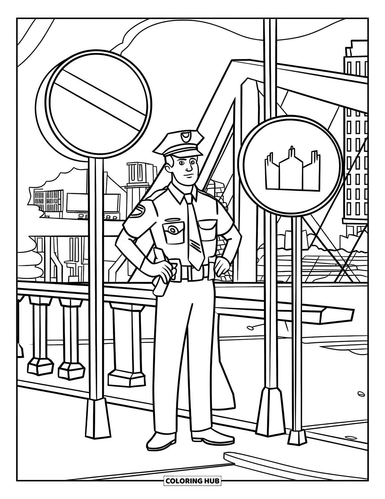 Police Officer Coloring Page for Kids: Officer by a bridge with traffic signs and city buildings