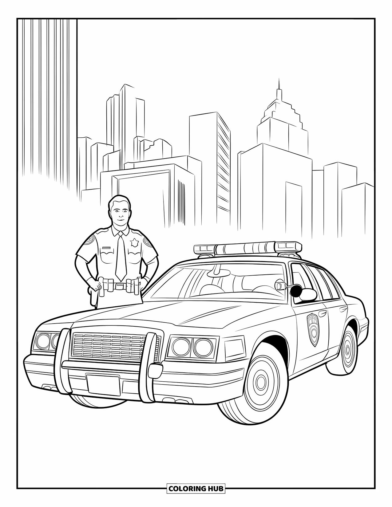 Police Officer Coloring Page for Kids: Officer by a city patrol car with tall buildings nearby