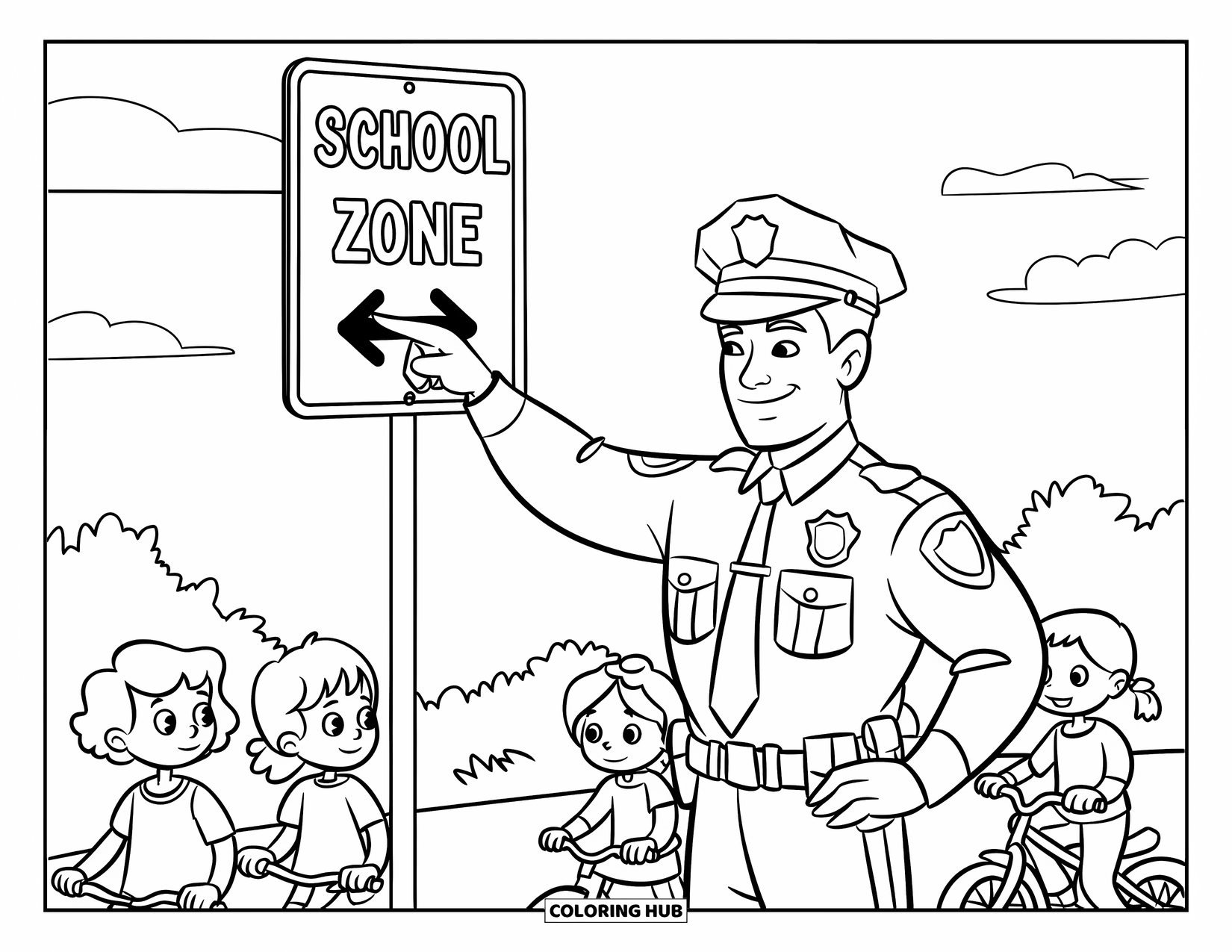 Police Officer Coloring Page for Kids: Officer pointing to a School Zone sign as children pass by
