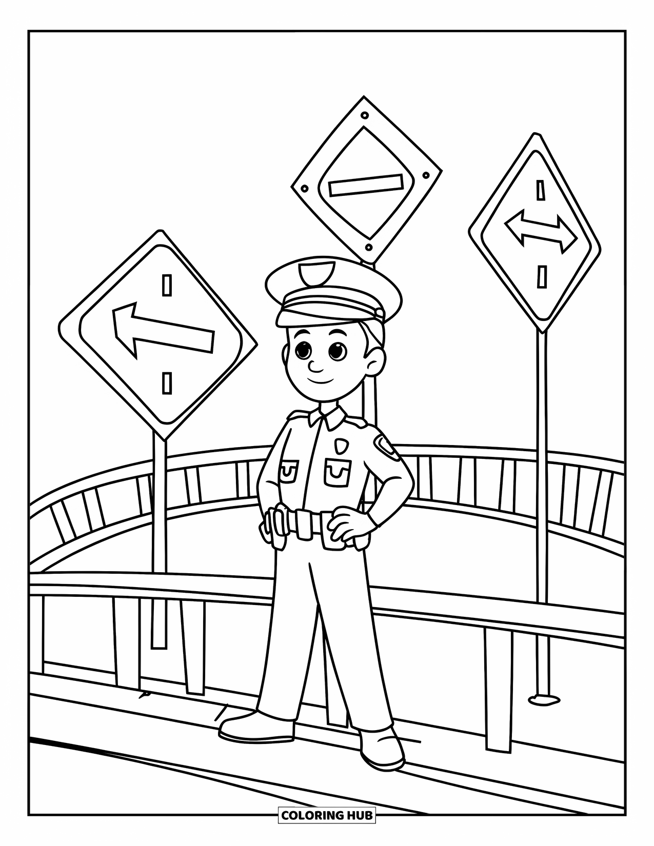 Police Officer Coloring Page for Kids: Officer standing by a bridge with railings and traffic signs