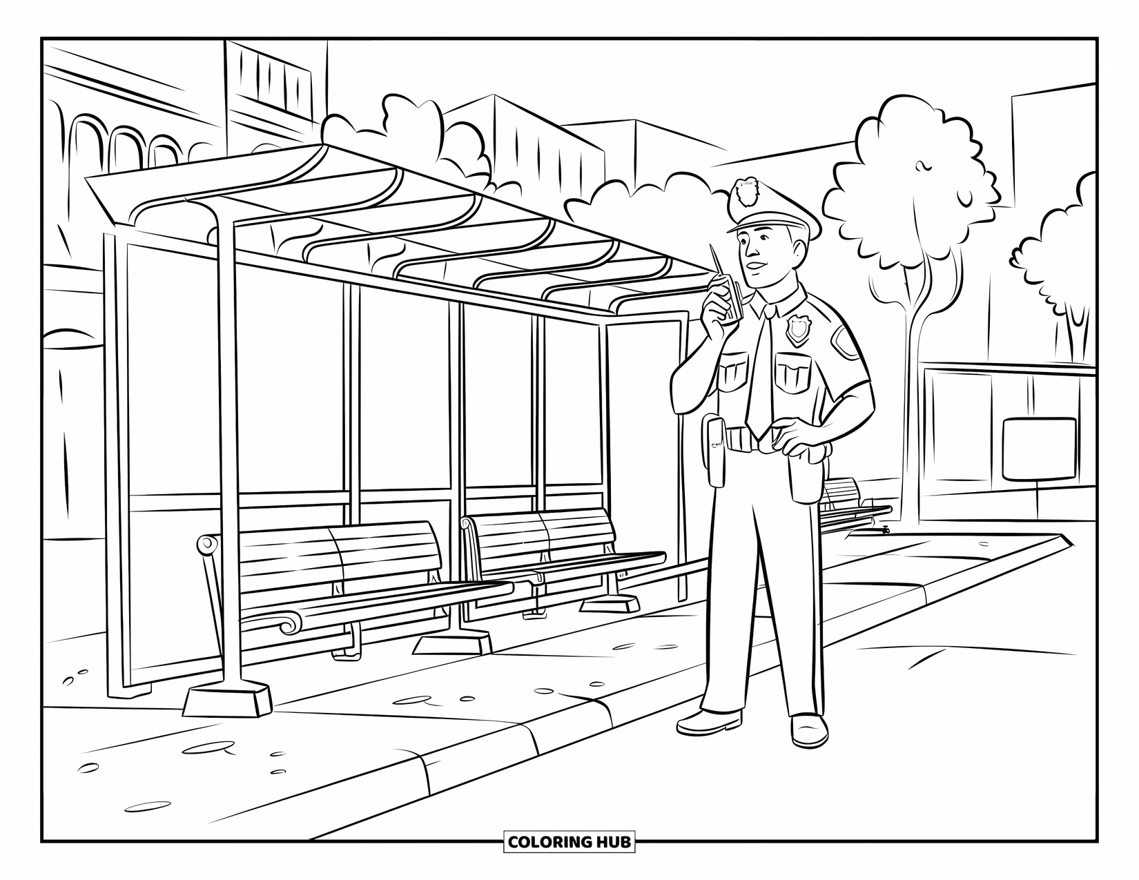 Police Officer Coloring Page for Kids: Officer using a radio at a bus stop with benches and trees