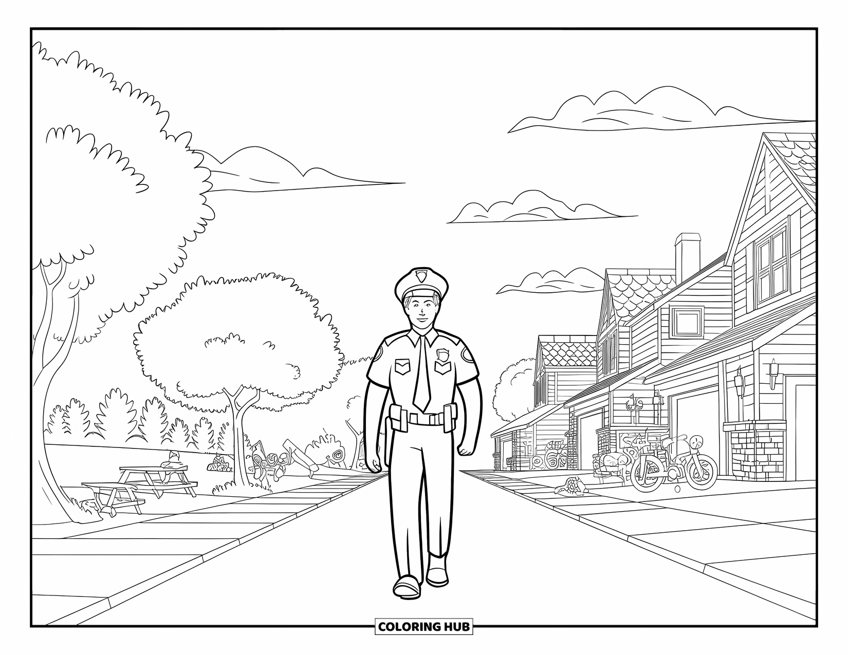Police Officer Coloring Page for Kids: Officer walking down a street with houses, bikes, and clear skies