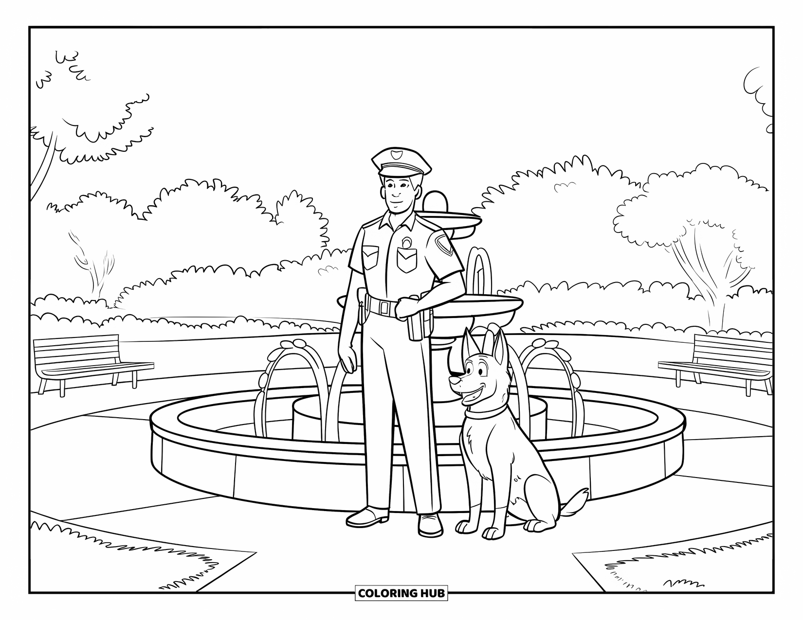 Police Officer Coloring Page for Kids: Officer with a German Shepherd beside a fountain in a park