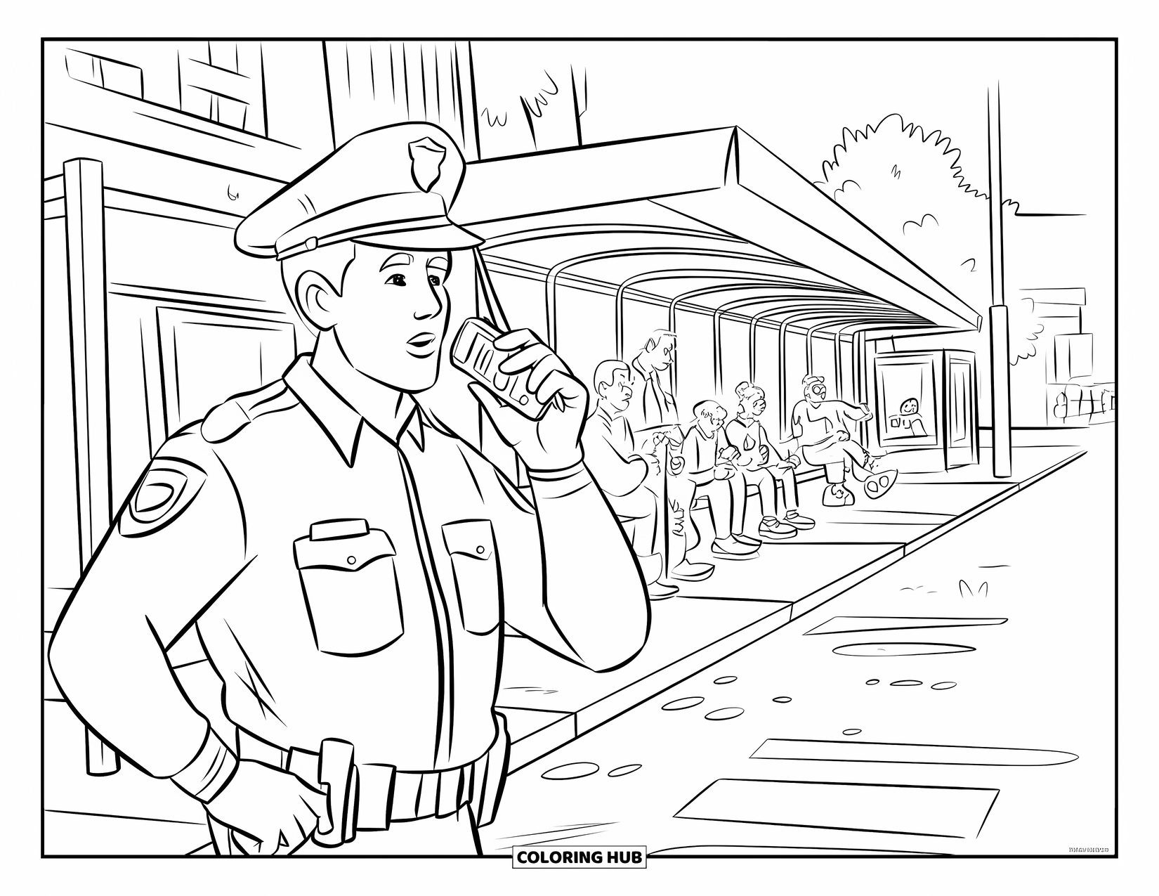 Police Officer Coloring Page for Kids: Officer with a hat using a radio near people at a bus stop