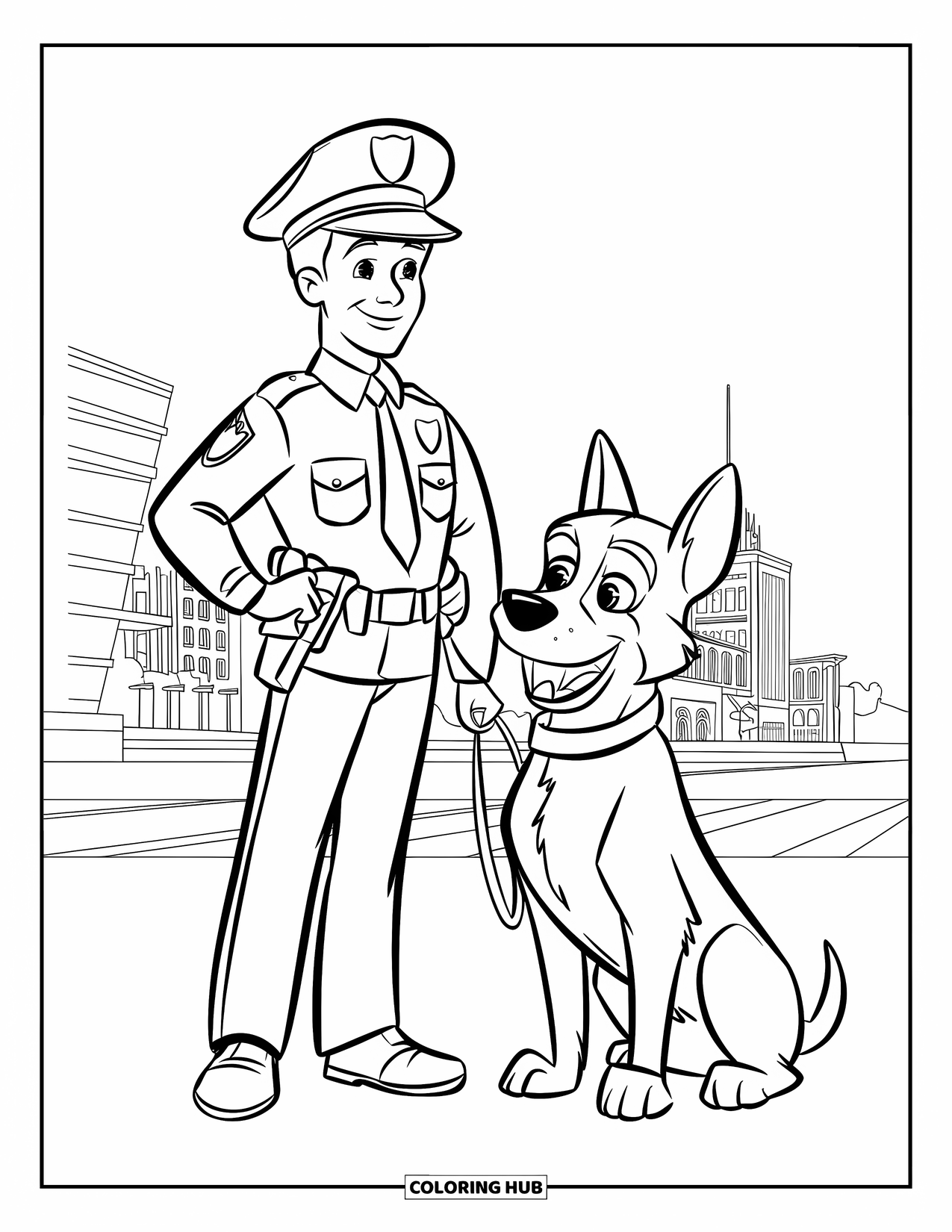 Police Officer Coloring Page for Kids: Officer with a police dog wearing uniforms in a city scene