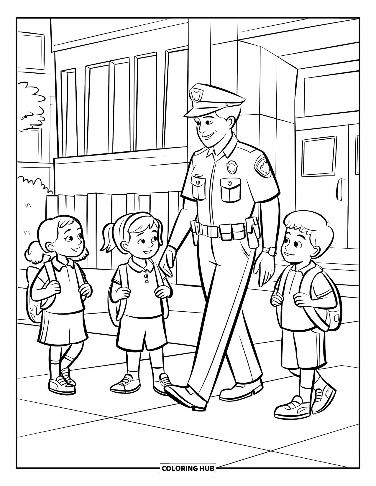 Police Officer Coloring Page for Kids: Officer with children in uniforms standing outside a school building