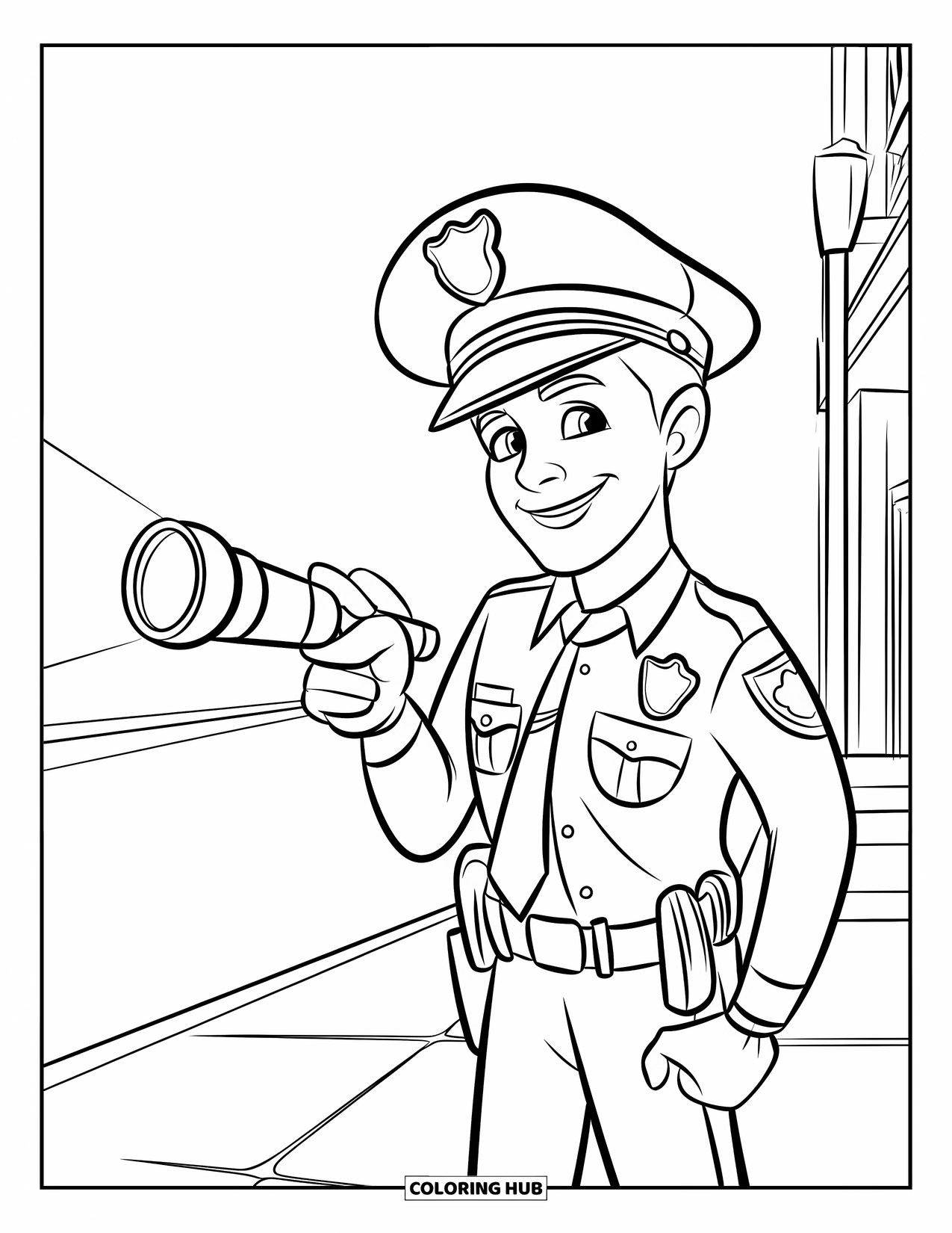 Police Officer Coloring Page for Kids: Officer with flashlight and whistle standing near a building