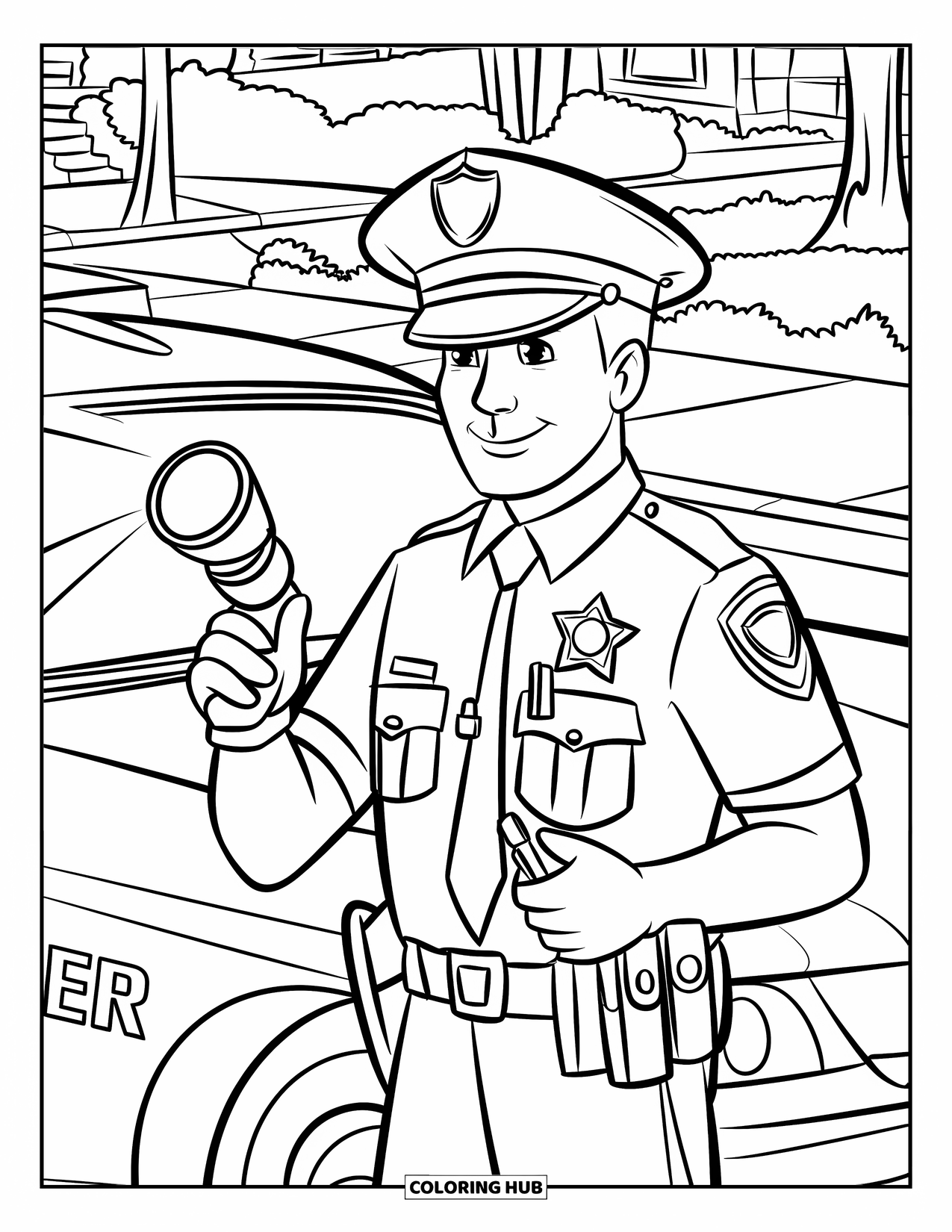 Police Officer Coloring Page for Kids: Officer with flashlight and whistle standing near a patrol car