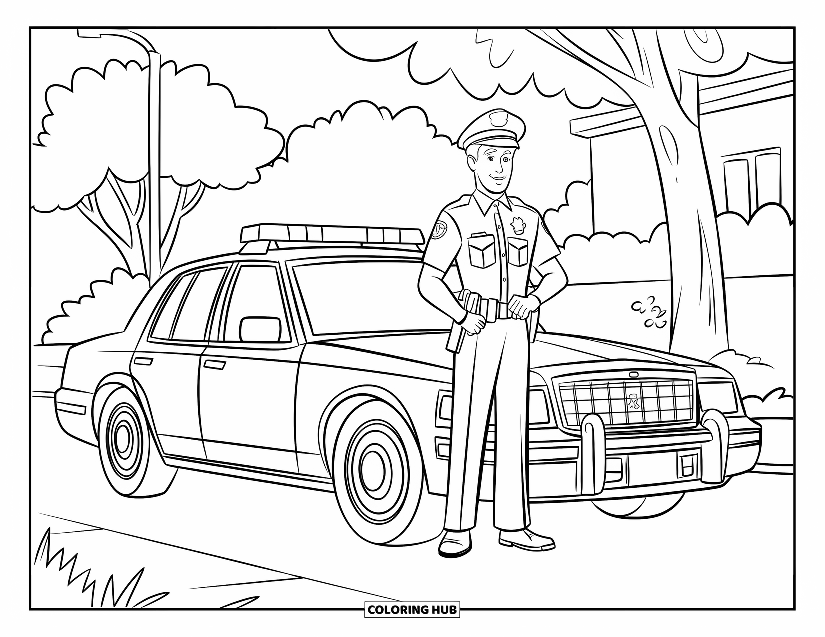 Police Officer Coloring Page for Kids: Officer with patrol car by a tree and building